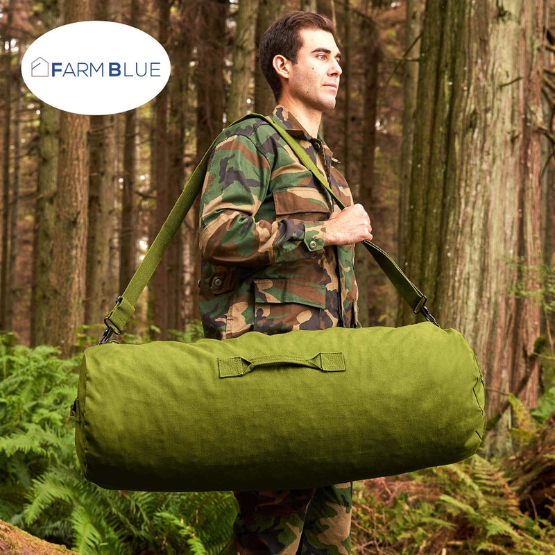 Farm Blue GI Style Zipper Duffle Bag Heavy Duty Army Duffle Bags - Military Grade Cotton Canvas Duffel Bag - Reinforced Camping Bag - Strong Zipper & Center Grab Handle (Olive Drab, Large) - Image 2